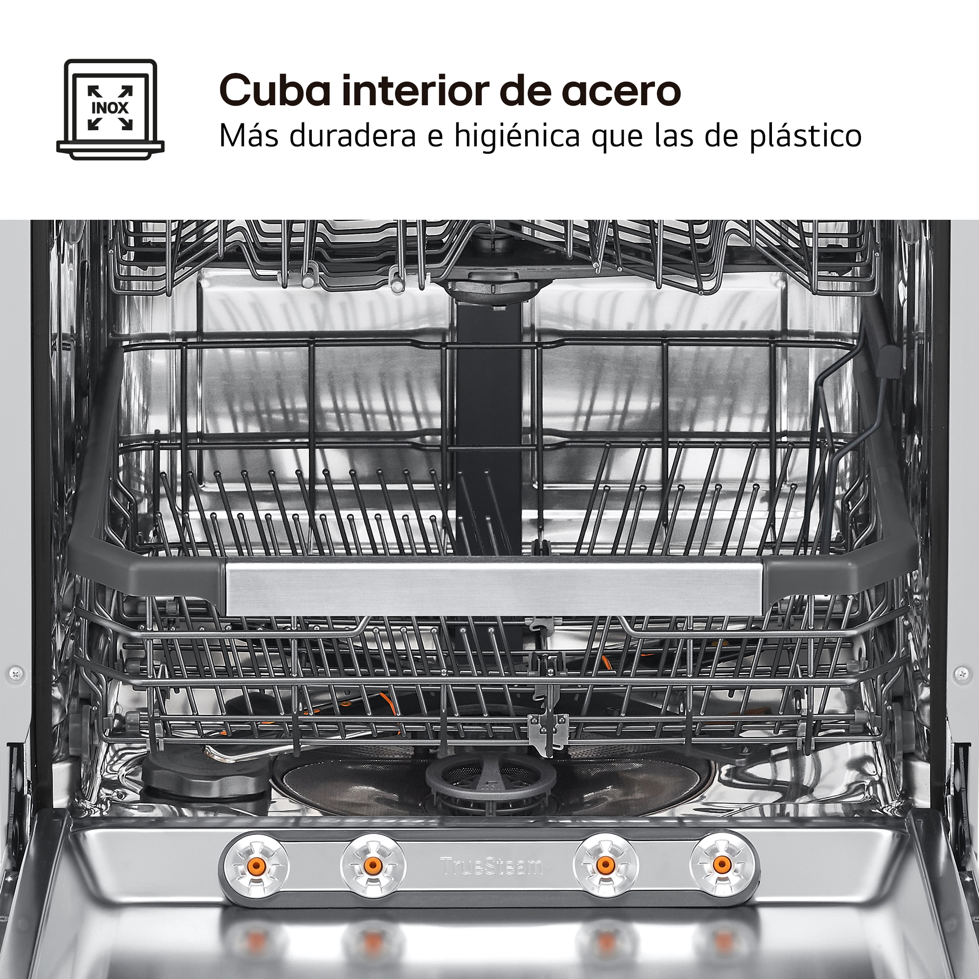 Interior de lavavajillas con componentes de acero inoxidable. Bastidores, aspersores y panel de control visibles. Texto en español.