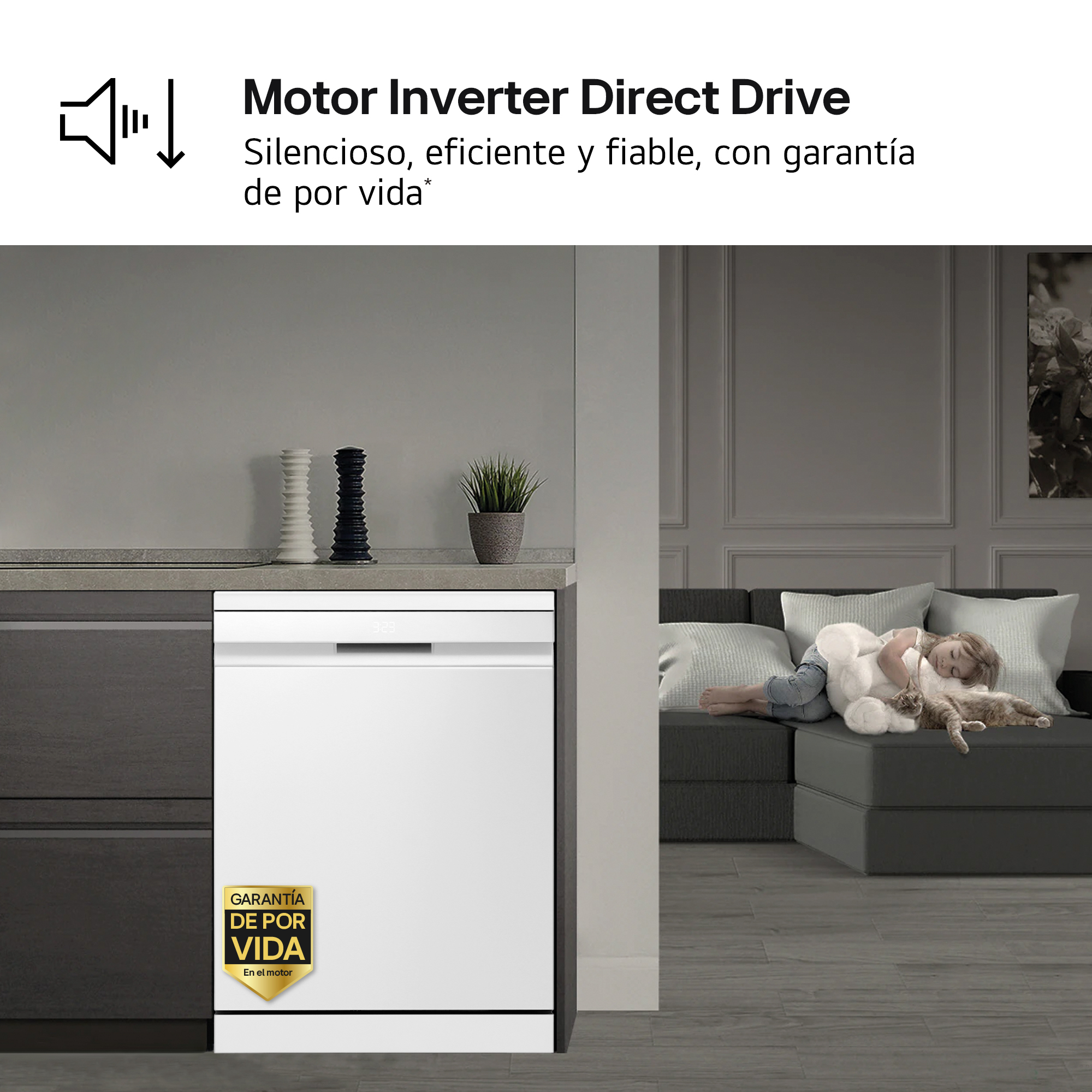 Un lavavajillas blanco en una cocina. Un niño y un gato duermen en un sofá gris oscuro. El texto dice 'Motor Inverter Direct Drive'.