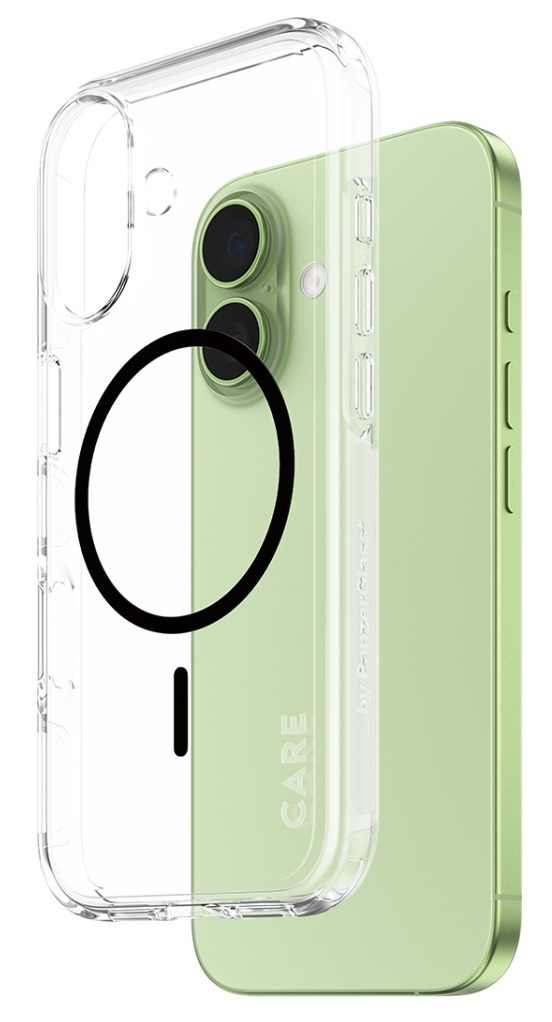 Przezroczyste etui na telefon z czarnym okręgiem i zielonym telefonem w środku. Etui ma magnetyczny okrąg, a telefon ma dwa aparaty.