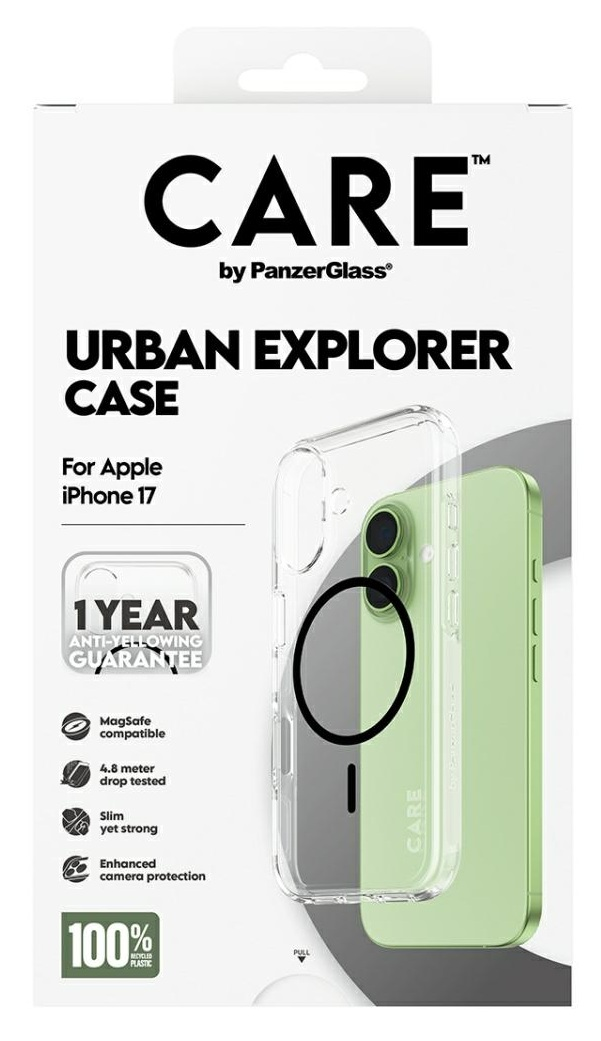 Opakowanie etui na telefon. Pokazuje przezroczyste etui na zielonym iPhonie. Tekst zawiera 'CARE' i 'URBAN EXPLORER CASE'.