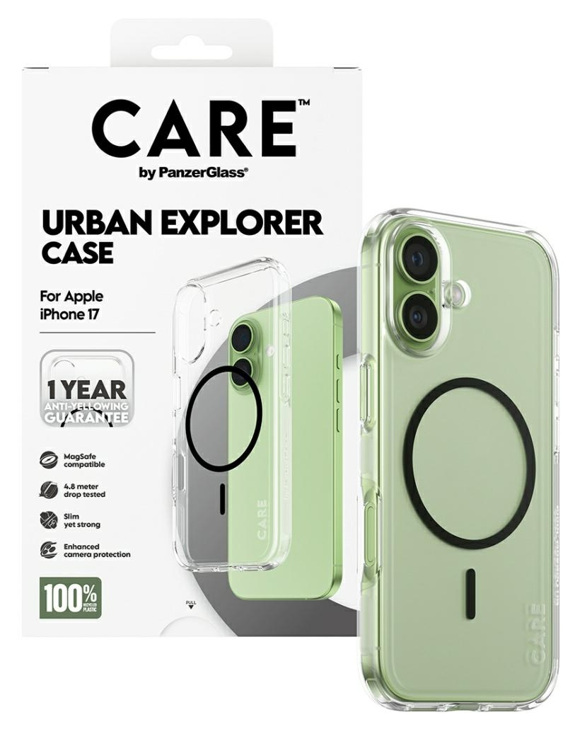 Przezroczyste etui na telefon z czarnym okrągłym magnesem i zielonym telefonem w środku. Opakowanie ma tekst i logo.