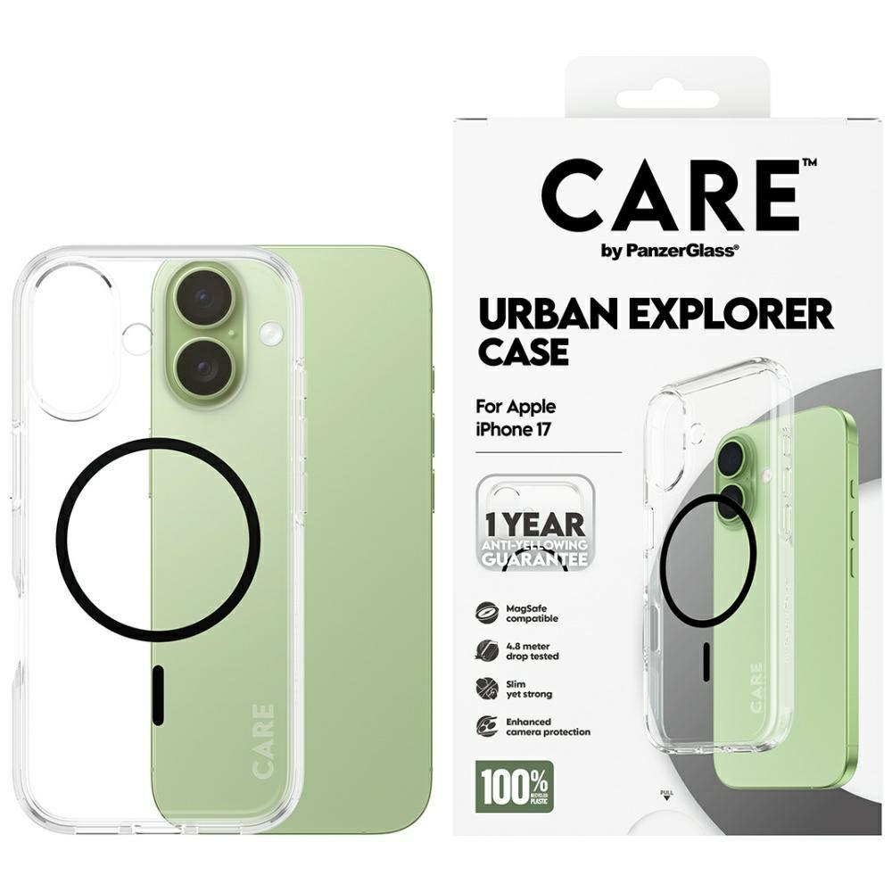 Opakowanie etui na telefon i etui na telefon. Na opakowaniu widnieje napis 'CARE' i 'URBAN EXPLORER CASE'. Etui jest zielone i przezroczyste.