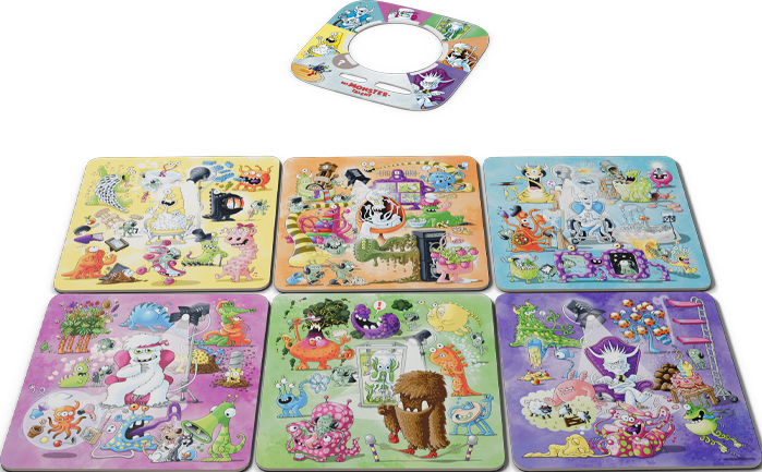 Un gioco a tema mostri con vari puzzle colorati. Include un elemento centrale e diversi tabelloni di puzzle.