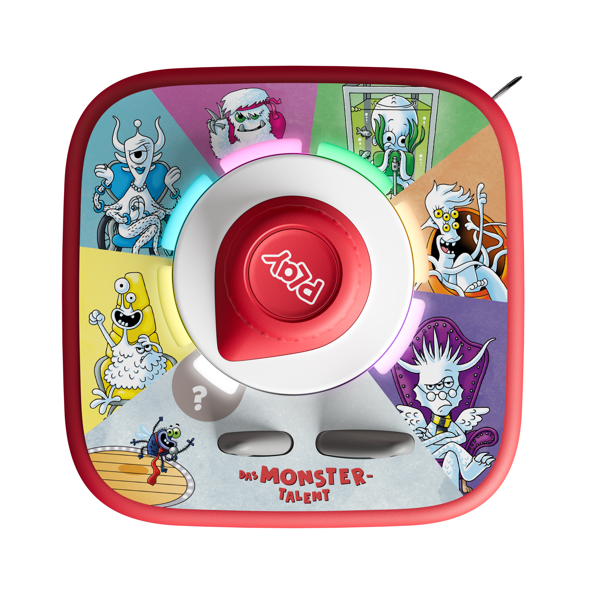 Un gioco con i mostri. Il gioco ha un pulsante Play rosso al centro. Molti mostri dei cartoni animati sono mostrati intorno al pulsante.