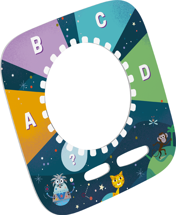 Una ruota colorata con sezioni A, B, C e D. Presenta illustrazioni a tema spaziale con animali e un punto interrogativo.
