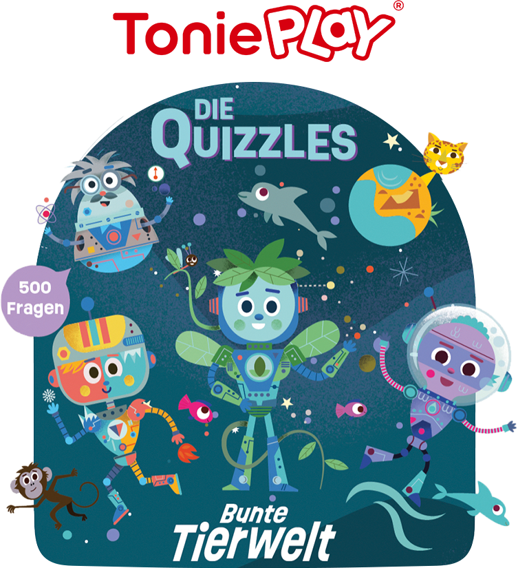 Illustrazione di personaggi animati, titolo "Die Quizzles" e "Bunte Tierwelt". I personaggi includono robot e animali come un delfino.