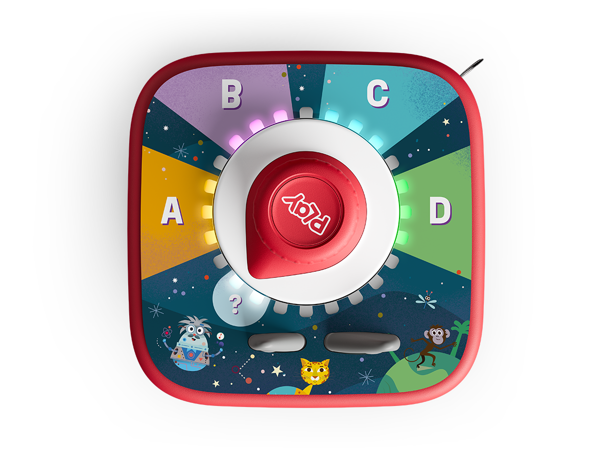 Un giocattolo colorato con un pulsante rosso 'Play'. Ha sezioni A, B, C e D, con personaggi dei cartoni animati e luci.