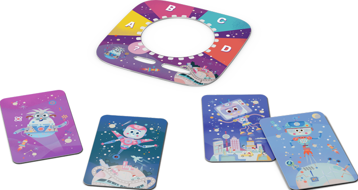 Un gioco colorato con una ruota rotante e carte con illustrazioni di robot, su sfondo nero.