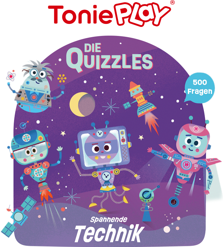Illustrazione di personaggi robot di Die Quizzles, con il logo ToniePlay. Il tema è Spannende Technik, con razzi e satelliti.
