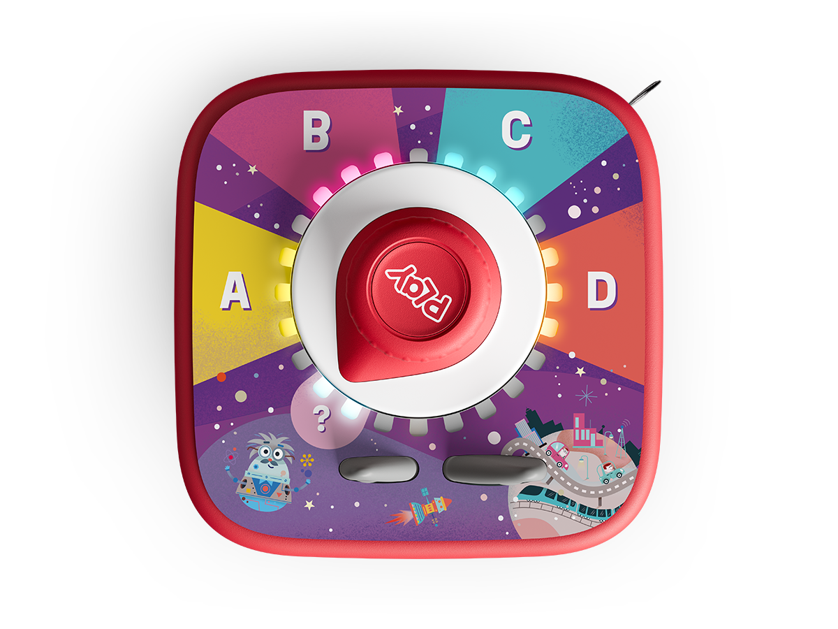 Un giocattolo rosso e bianco con un quadrante rotante con le lettere A, B, C e D. Luci colorate e illustrazioni lo circondano.