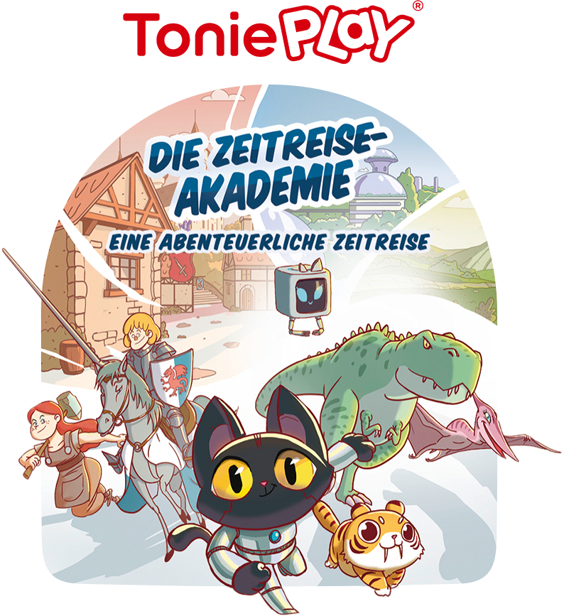 Illustrazione di 'Die Zeitreise-Akademie'. Raffigura un cavaliere, un gatto robot, un dinosauro e altri personaggi.