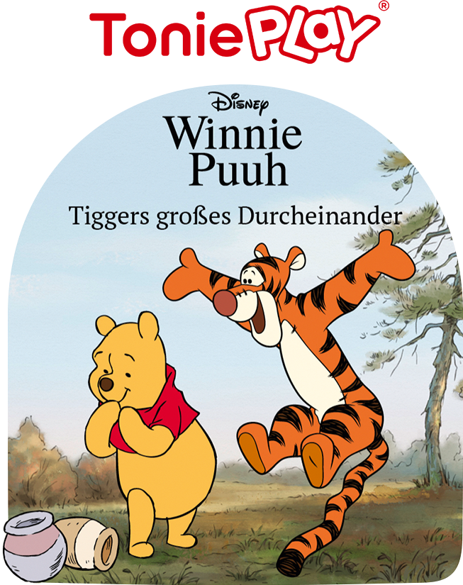 Winnie the Pooh e Tigro sulla copertina di un libro. Tigro salta e Pooh sorride. Alberi e un vaso sullo sfondo.