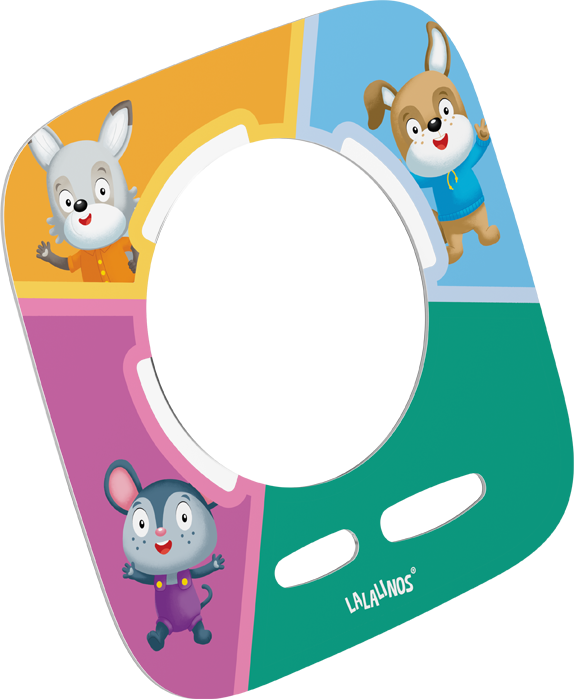 Giocattolo colorato con personaggi animali: lupo, cane e topo. Ognuno su una sezione colorata diversa, con un foro centrale.