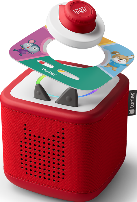 Un altoparlante rosso con un pulsante rosso 'PLAY' e un disco colorato. Personaggi dei cartoni animati sul disco.