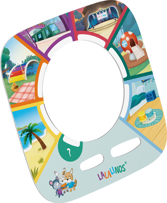 Tabellone di gioco circolare con varie scene: spiaggia, palco, camera da letto, casa fungo, picnic e treno. Presenta personaggi dei cartoni animati e il logo 'LALALINOS'.