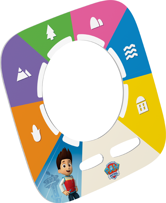 Un design colorato a tema Paw Patrol con segmenti raffiguranti paesaggi e Ryder. Il logo Paw Patrol è in basso.