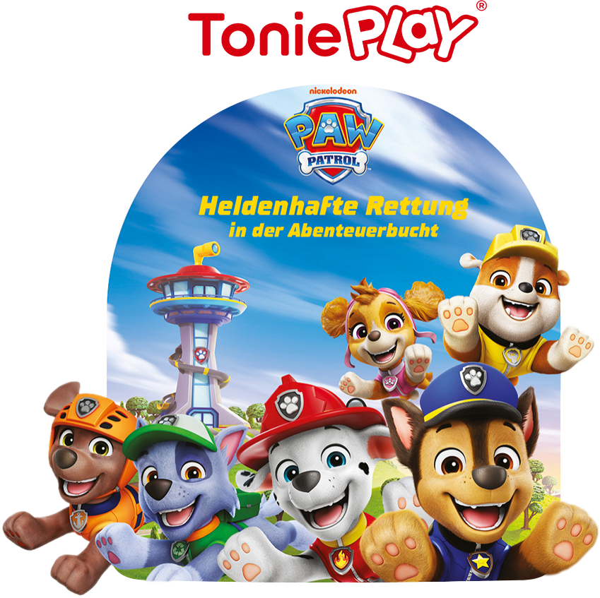 Personaggi di Paw Patrol sorridenti, con una torre di guardia sullo sfondo. Il testo dice 'Heldenhafte Rettung in der Abenteuerbucht'.