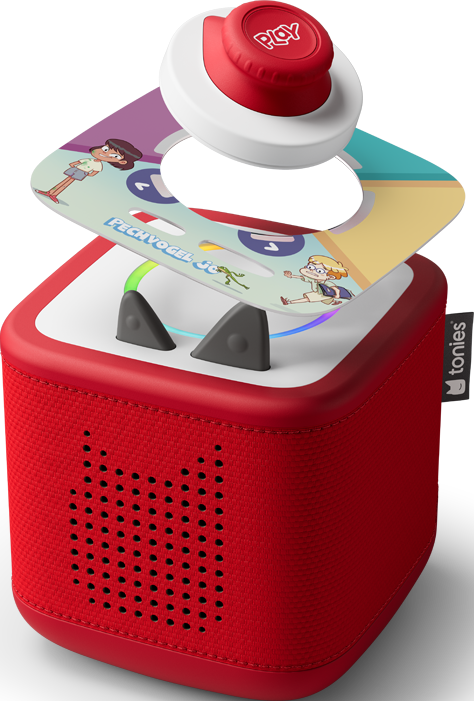 Altoparlante a cubo rosso con parte superiore rossa e bianca. Una scheda con personaggi dei cartoni animati sopra. Pulsante rosso con 'PLAY'.