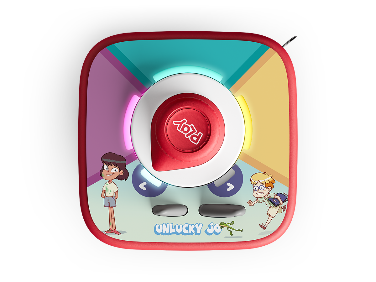 Interfaccia di una console di gioco con personaggi. Un pulsante rosso 'Play' al centro. Due bambini e una rana verde in basso.