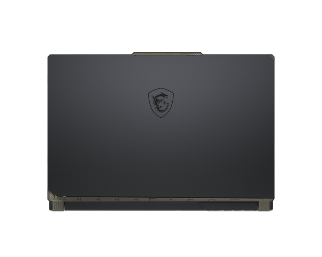 Sötétszürke laptop középen az MSI logóval. A laptop zárva van, a felső felülete látszik. A háttér egyszínű fekete.
