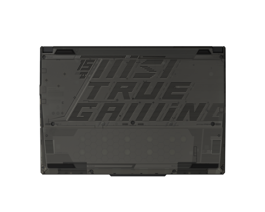 Egy szürke laptop hátulja, rajta a 'JUST TRUE GAMING' felirattal és méhsejtmintával, fekete háttér előtt.