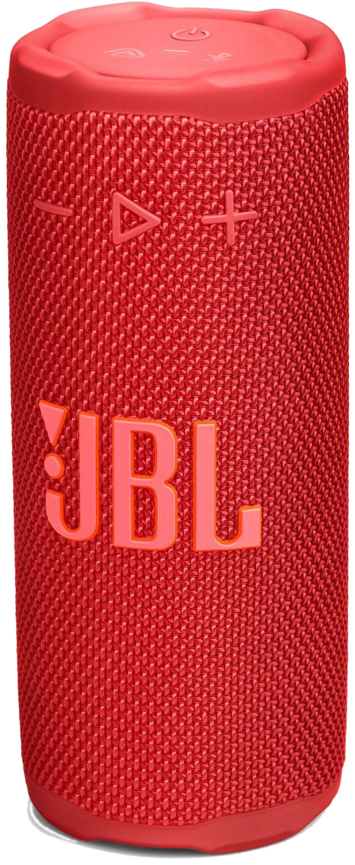 Czerwony głośnik JBL z nazwą marki dużymi pomarańczowymi literami. Przyciski sterowania znajdują się na górze.