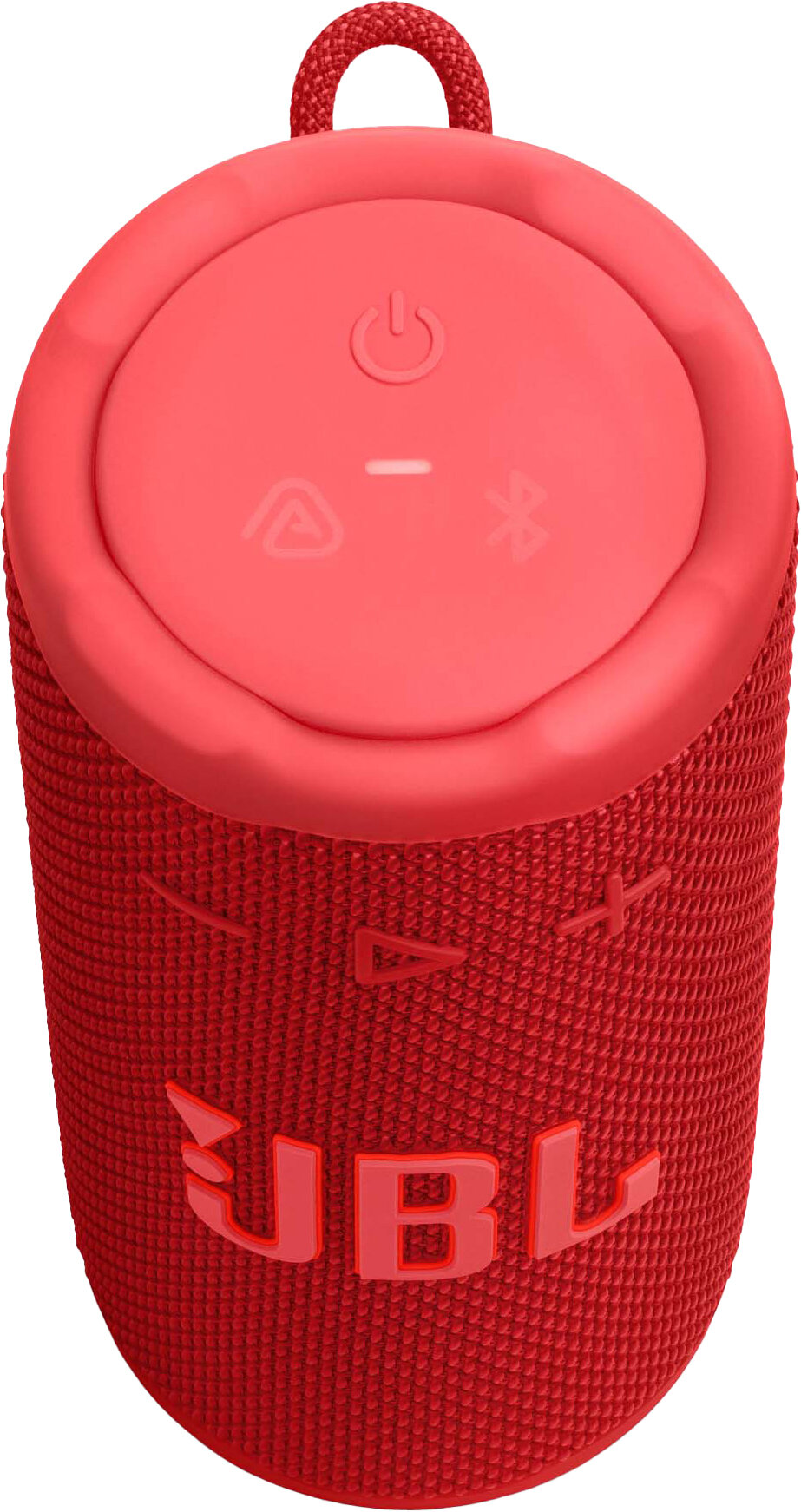Czerwony głośnik przenośny JBL. Posiada przycisk zasilania, regulację głośności i symbol Bluetooth. Tekstura tkaniny z logo JBL.