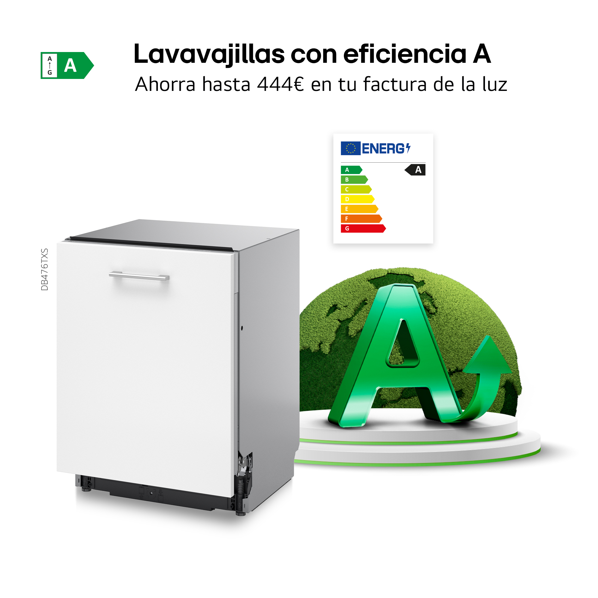 Un 20% más eficiente que A. Ahorra hasta 444€ en tu factura de la luz. Lavavajillas e iconos de energía A sobre fondo verde.