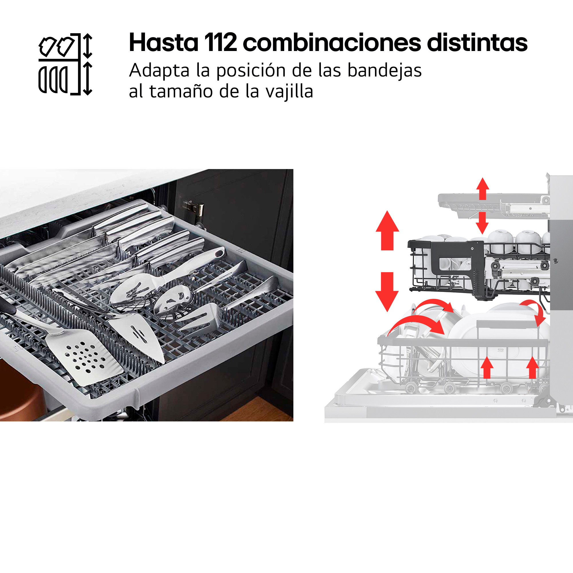 Hasta 112 combinaciones distintas. Adapta la posición de las bandejas al tamaño de la vajilla. Cajón cubiertos y esquema con flechas.