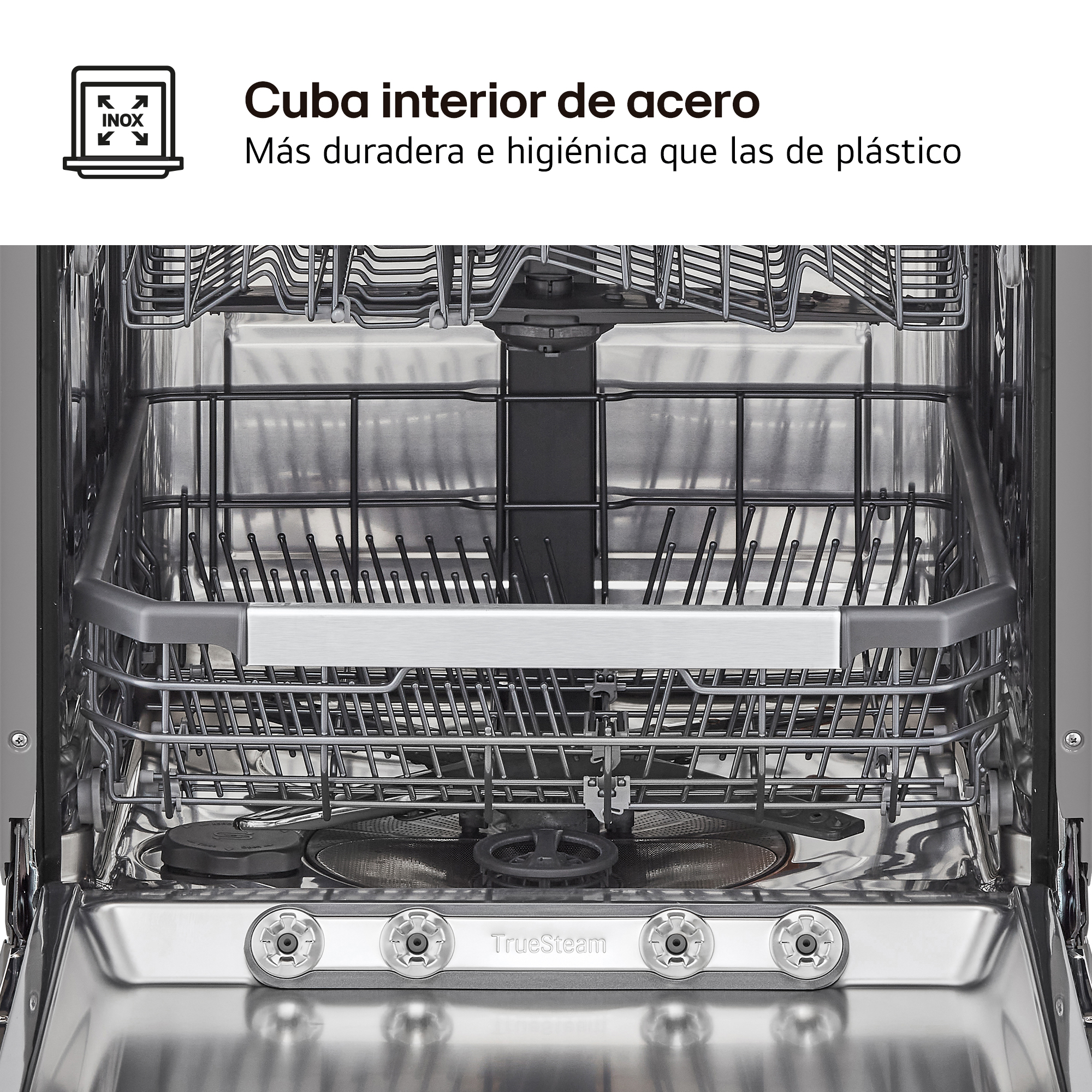 Cuba interior de acero. Más duradera e higiénica que las de plástico. Vista frontal del interior inoxidable del lavavajillas.