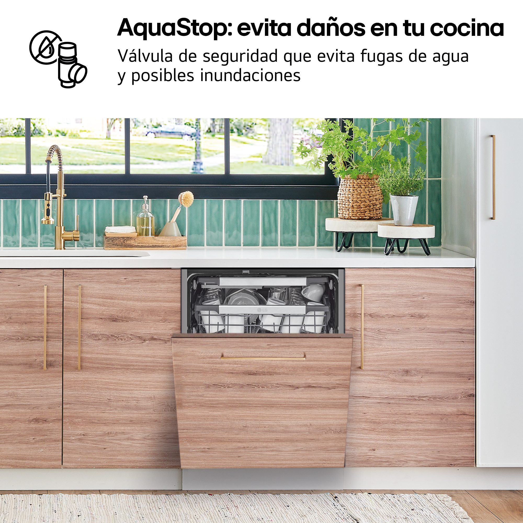 AquaStop: evita daños en tu cocina. Válvula de seguridad que evita fugas de agua y posibles inundaciones. Lavavajillas integrado en cocina.