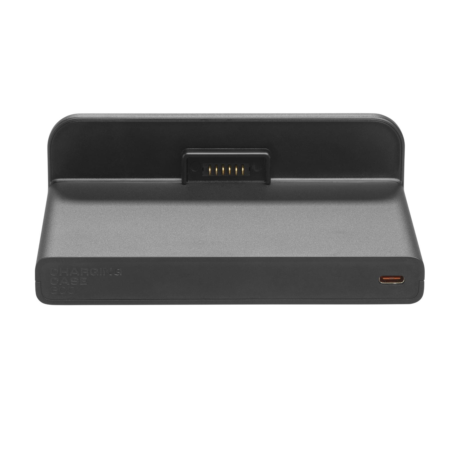 Ein schwarzes Ladecase mit USB-C-Anschluss. Es hat einen Ladeanschluss und die Aufschrift 'CHARGING CASE 600'.