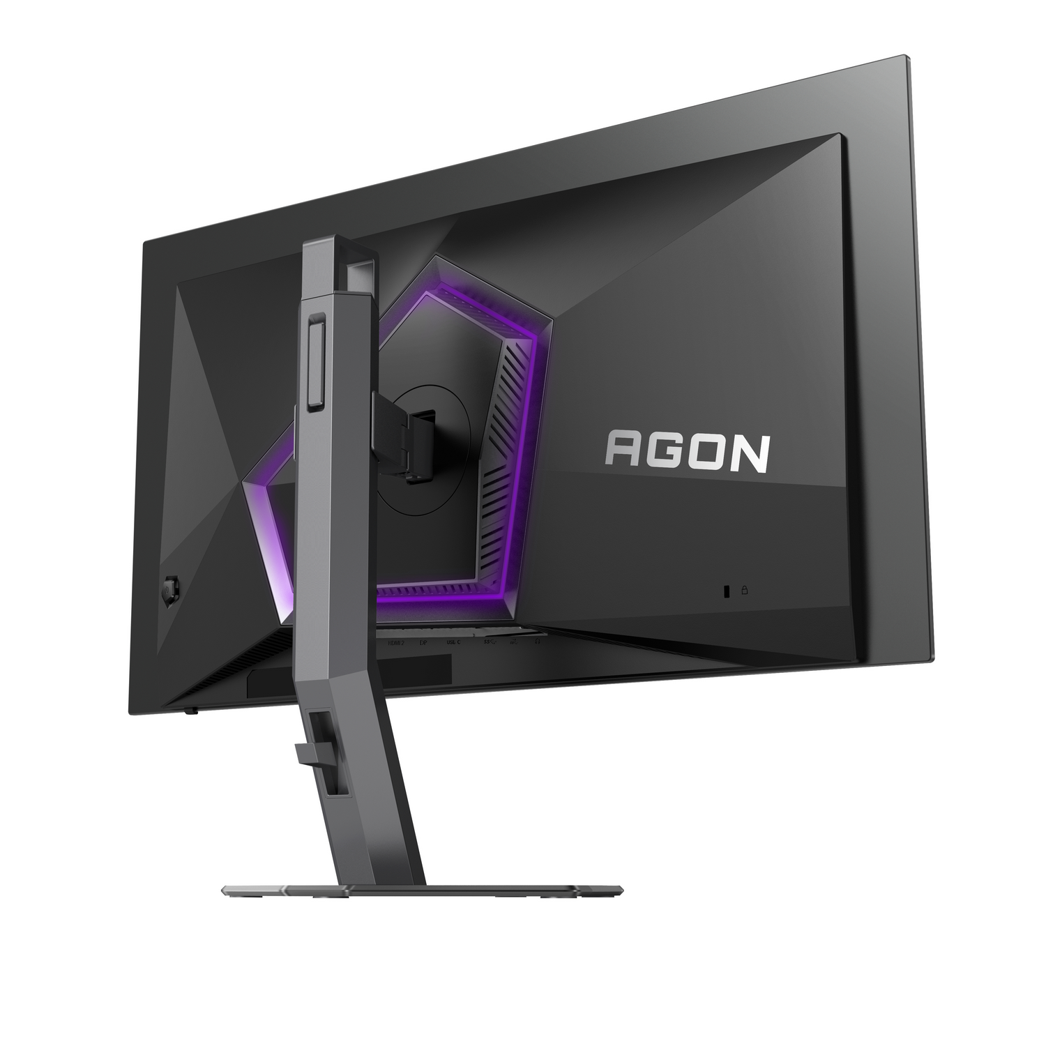 Vista trasera de un monitor gaming AGON negro. Tiene un soporte, detalles LED morados y el logotipo AGON. El fondo es blanco.