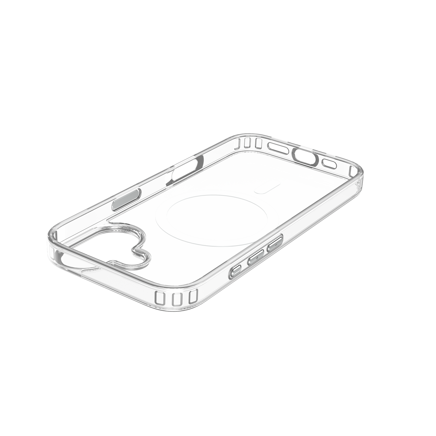 Una funda transparente para teléfono con un círculo blanco y un signo menos sobre un fondo gris. La funda tiene recortes para botones.