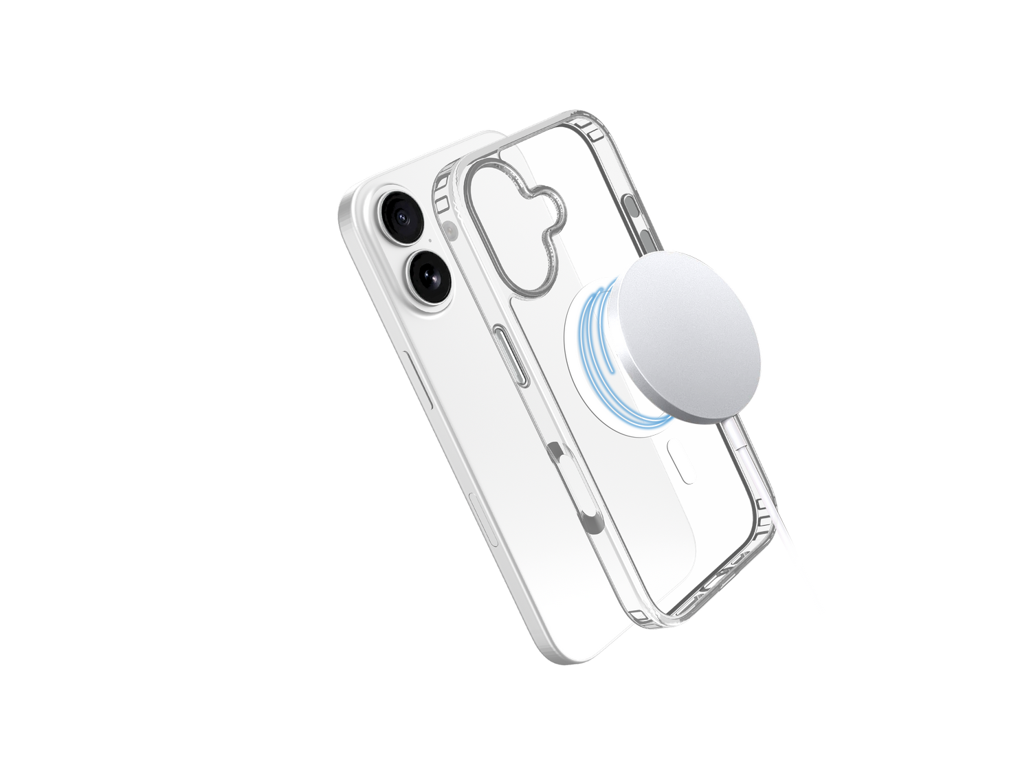 Un iPhone blanco en una funda transparente con un cargador inalámbrico. El fondo es gris.