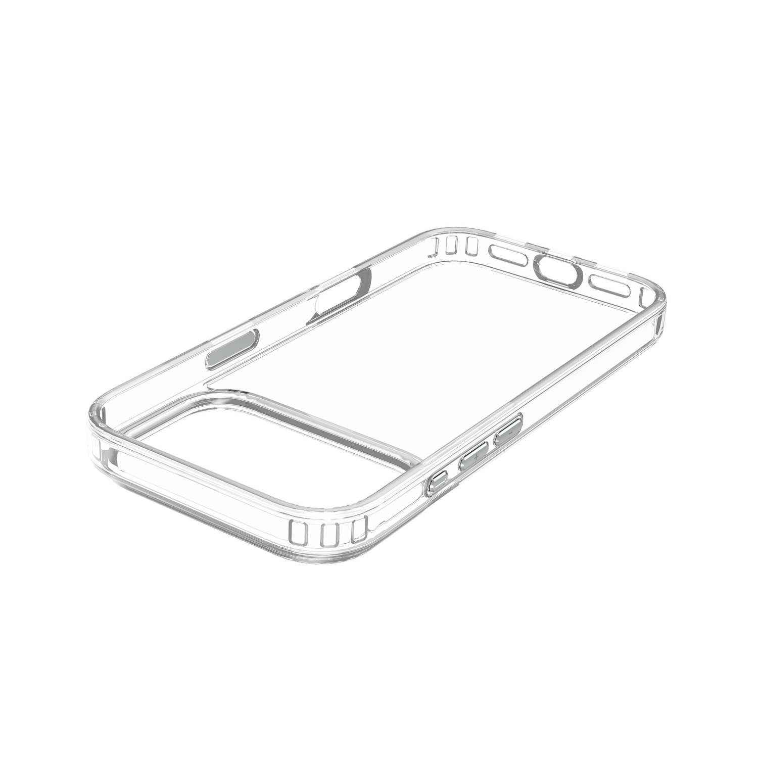 Funda transparente para teléfono con MagSafe, vista en ángulo. Fondo gris. La funda tiene recortes para botones y cámara.