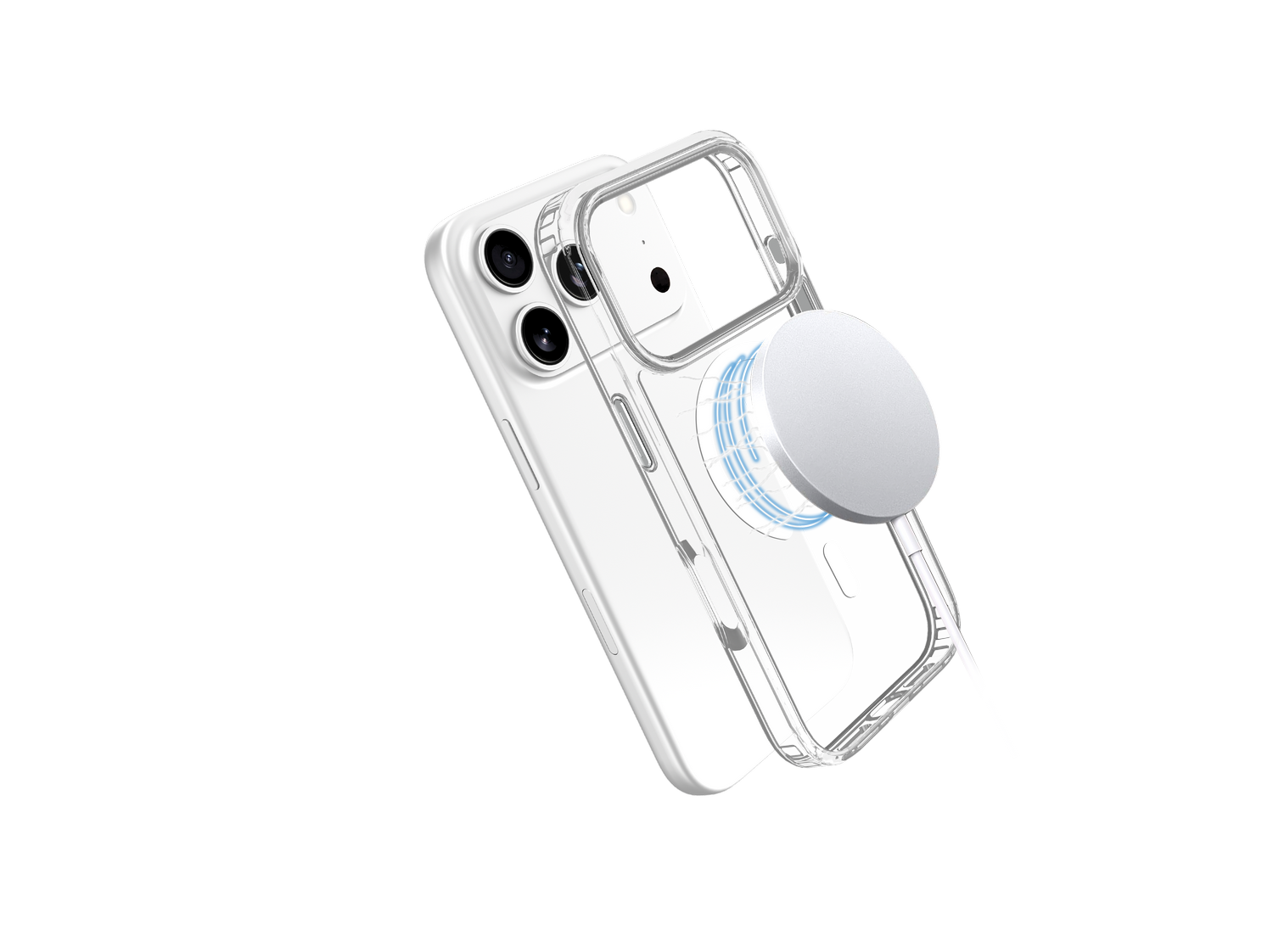 Un iPhone blanco con una funda protectora transparente y un cargador MagSafe circular blanco, sobre un fondo gris.