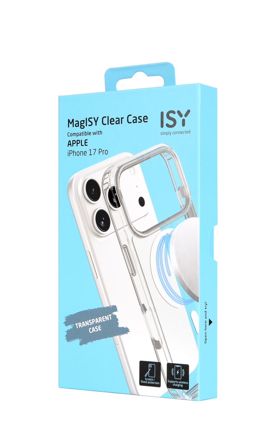 Una funda transparente MagISY para iPhone 17 Pro se muestra en su caja. La funda es transparente, mostrando la cámara del teléfono. La caja es azul claro.