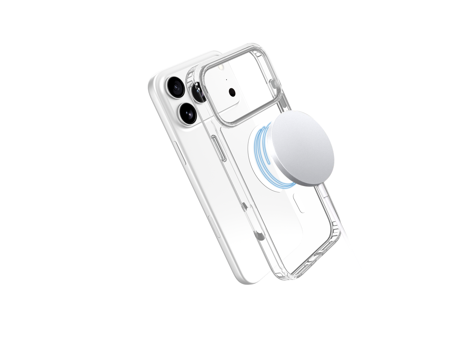 Un iPhone blanco en una funda transparente con un cargador MagSafe blanco adjunto. El fondo es gris sólido.