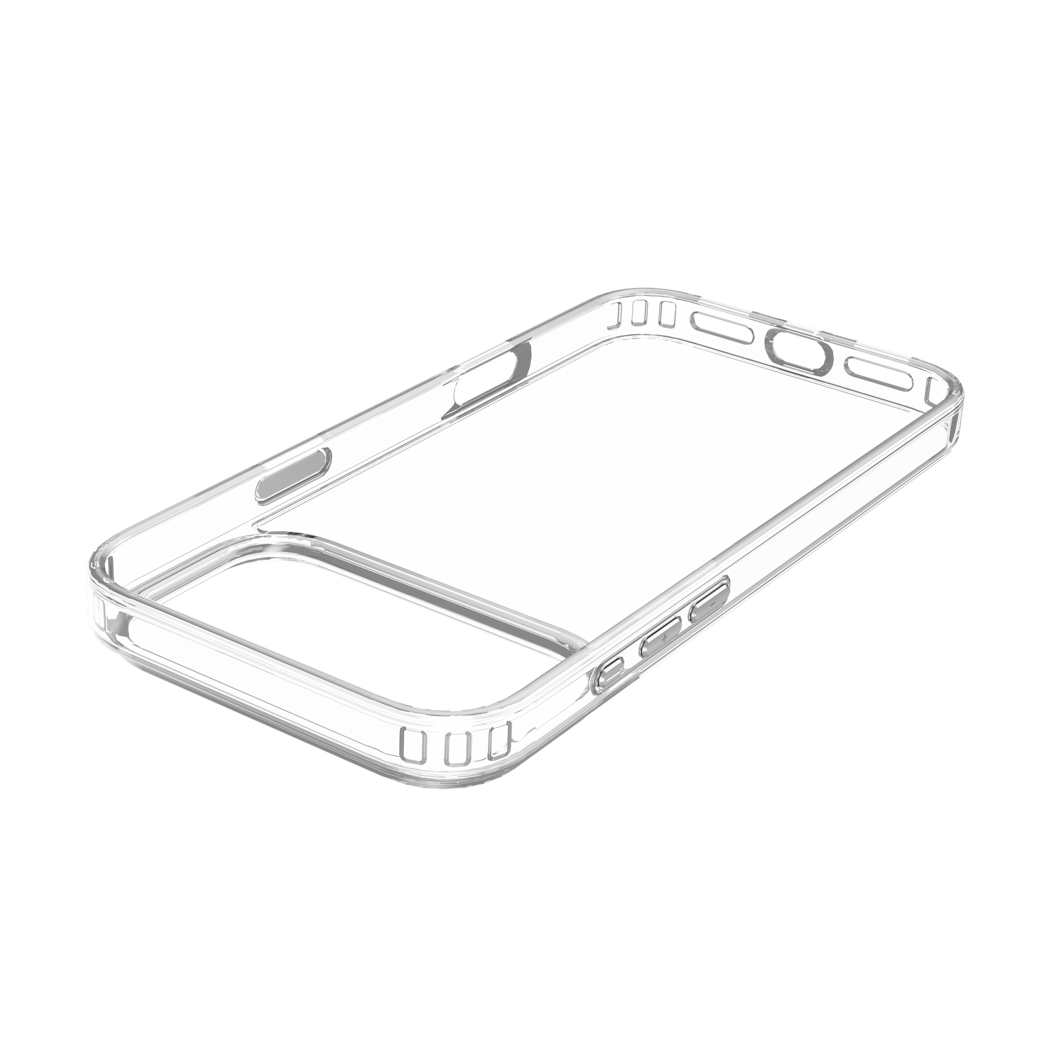 Una funda transparente para teléfono con un diseño circular blanco y recortes para botones, sobre fondo gris.