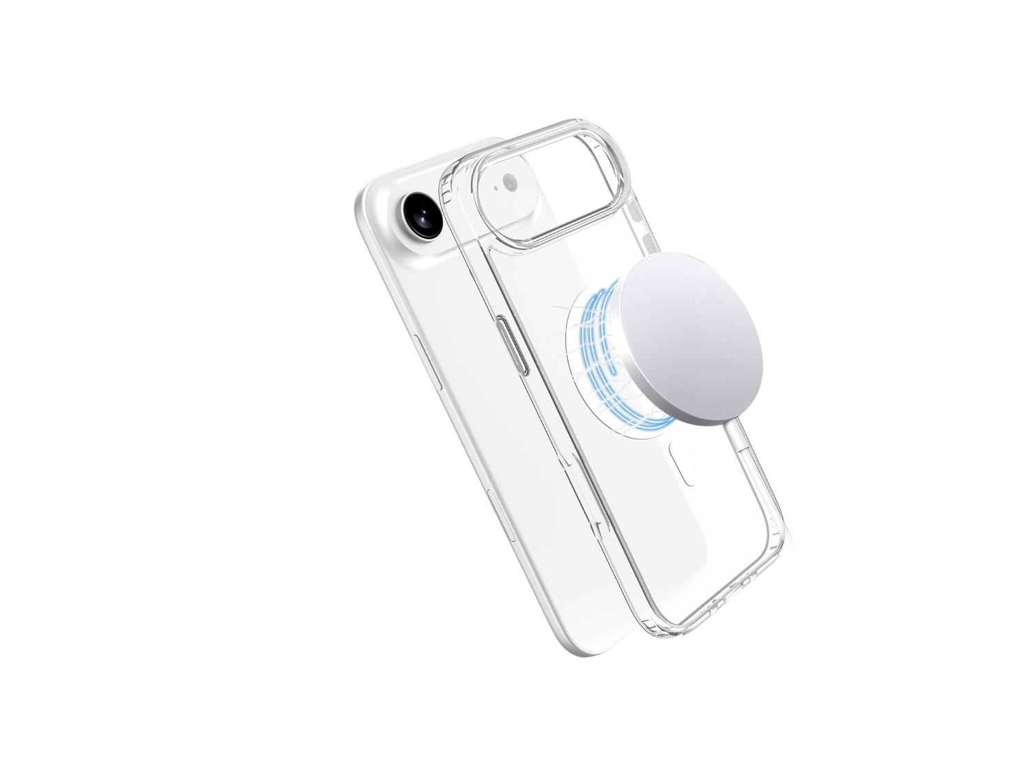 Un iPhone blanco con una funda transparente y un cargador MagSafe blanco, sobre fondo gris.