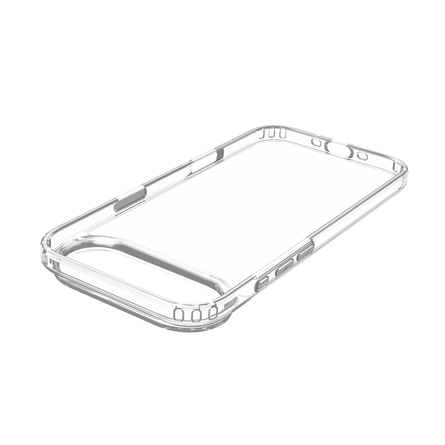 Una funda transparente para teléfono se muestra sobre un fondo gris. La funda tiene recortes para botones y apertura para cámara. Es transparente.