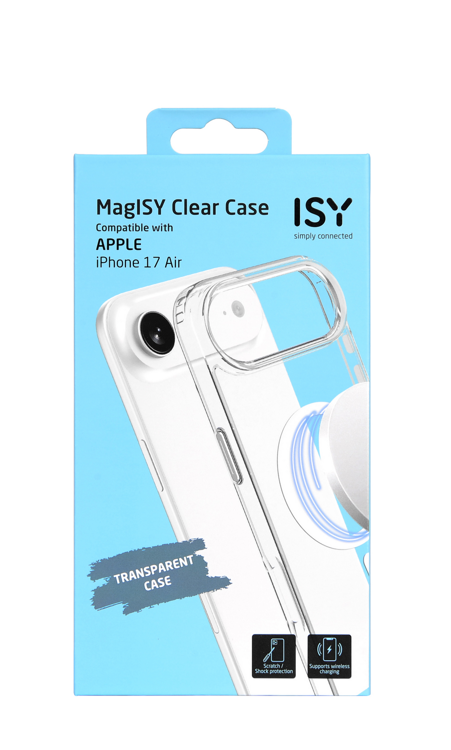 Una caja de funda de teléfono con un iPhone dentro. La caja es azul con el texto 'MagISY Clear Case' y 'iPhone 17 Air'.
