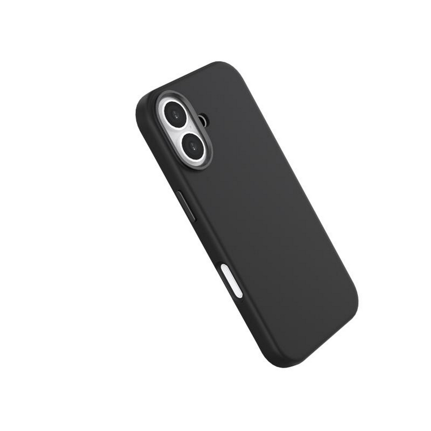 Una funda de teléfono negra en ángulo diagonal. La funda presenta lentes de cámara duales y un botón blanco en su lateral.