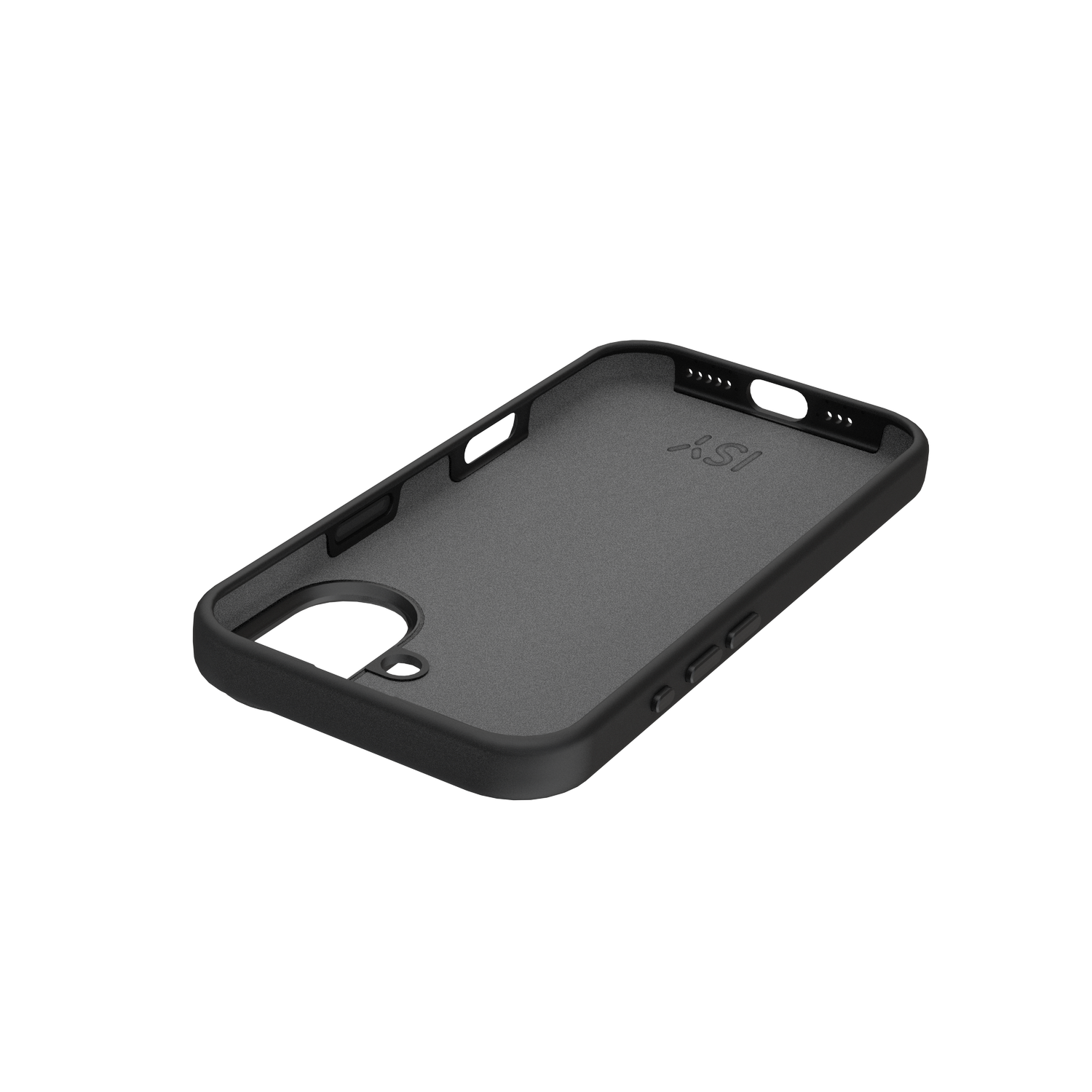 Una funda negra para teléfono con recortes para cámara y botones, sobre un fondo gris. La funda tiene un logotipo ISY en el interior.