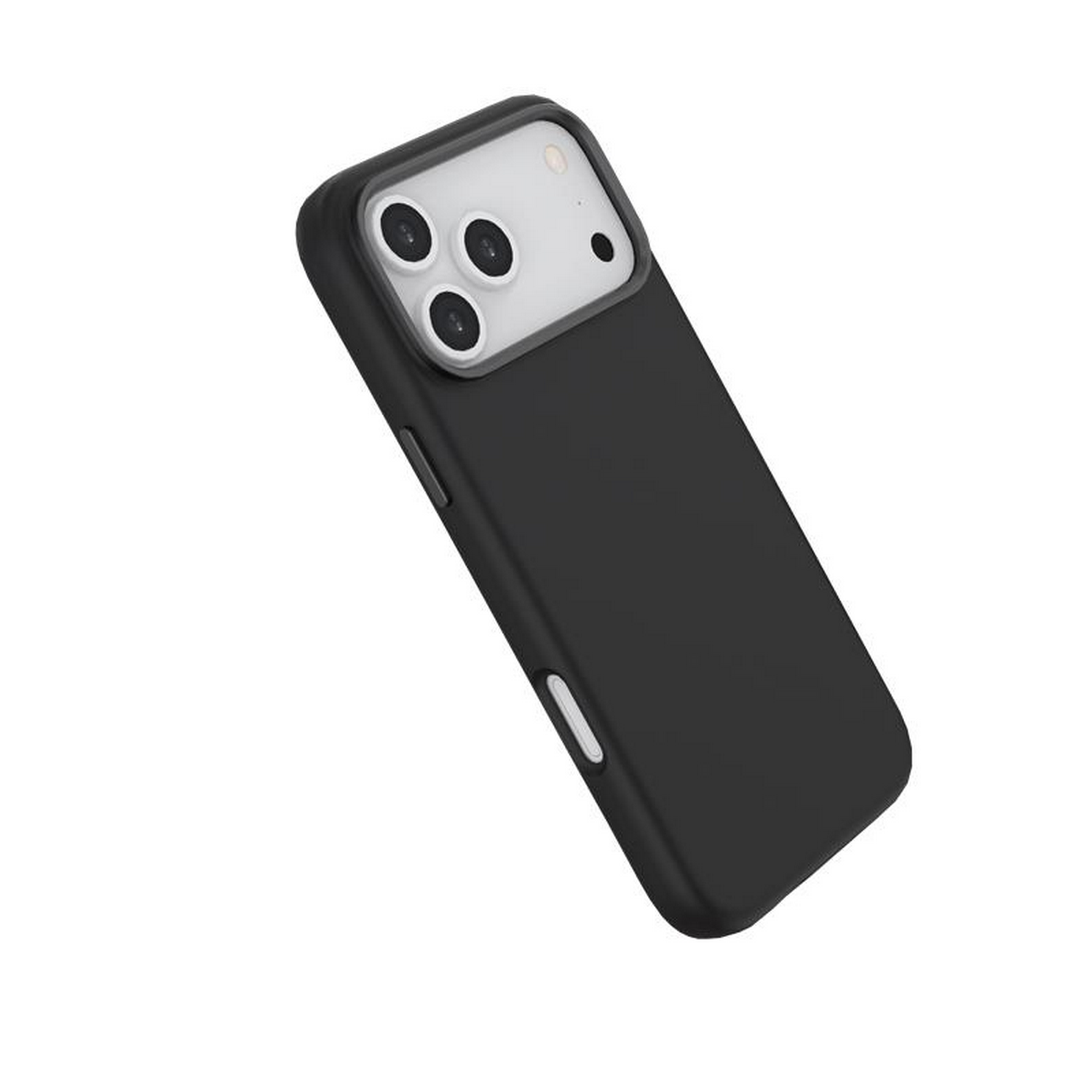 Funda negra para teléfono con sección de cámara blanca. Se ven tres lentes de cámara. La funda está en ángulo sobre un fondo blanco.