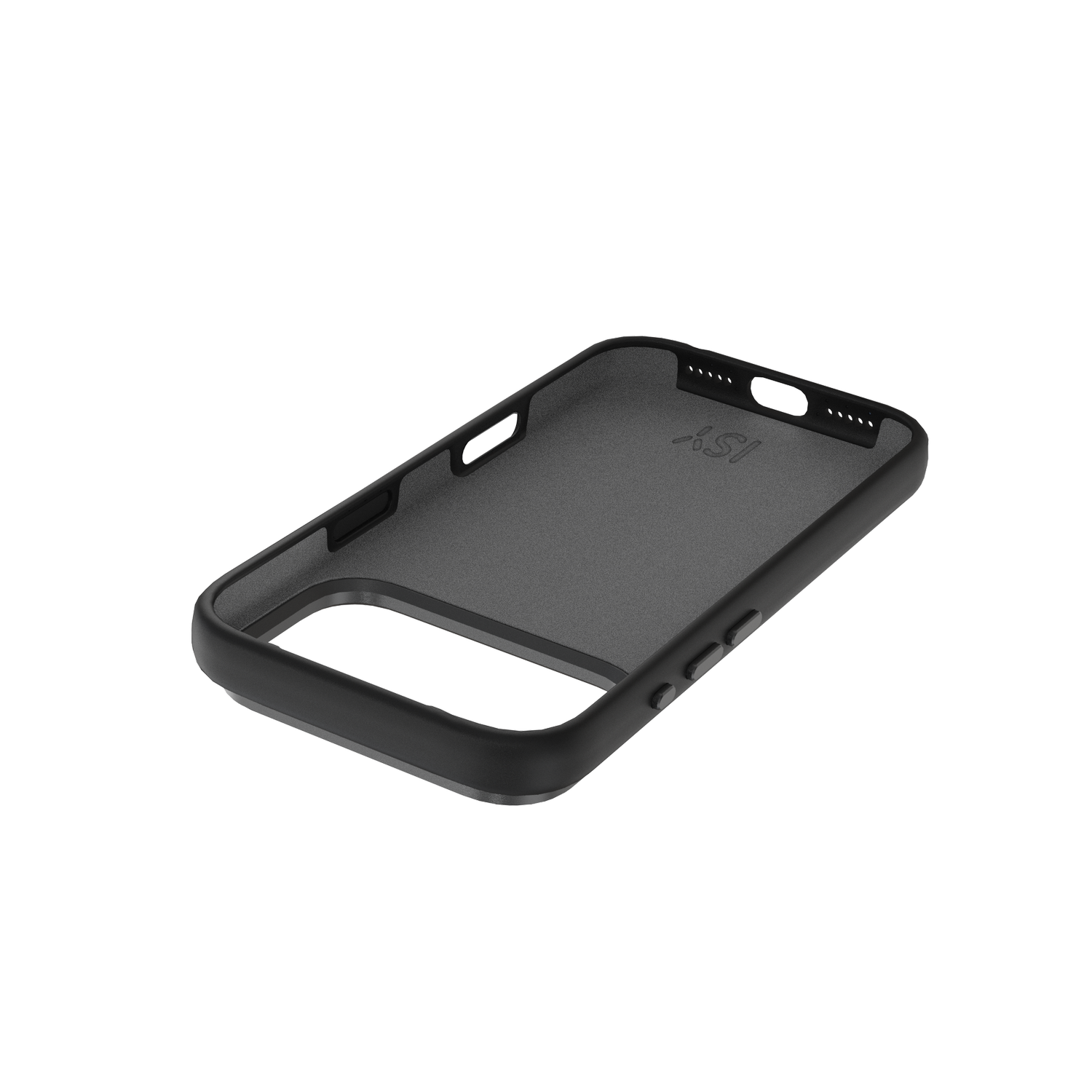 Una funda negra para teléfono, ligeramente transparente, con recortes sobre fondo gris.