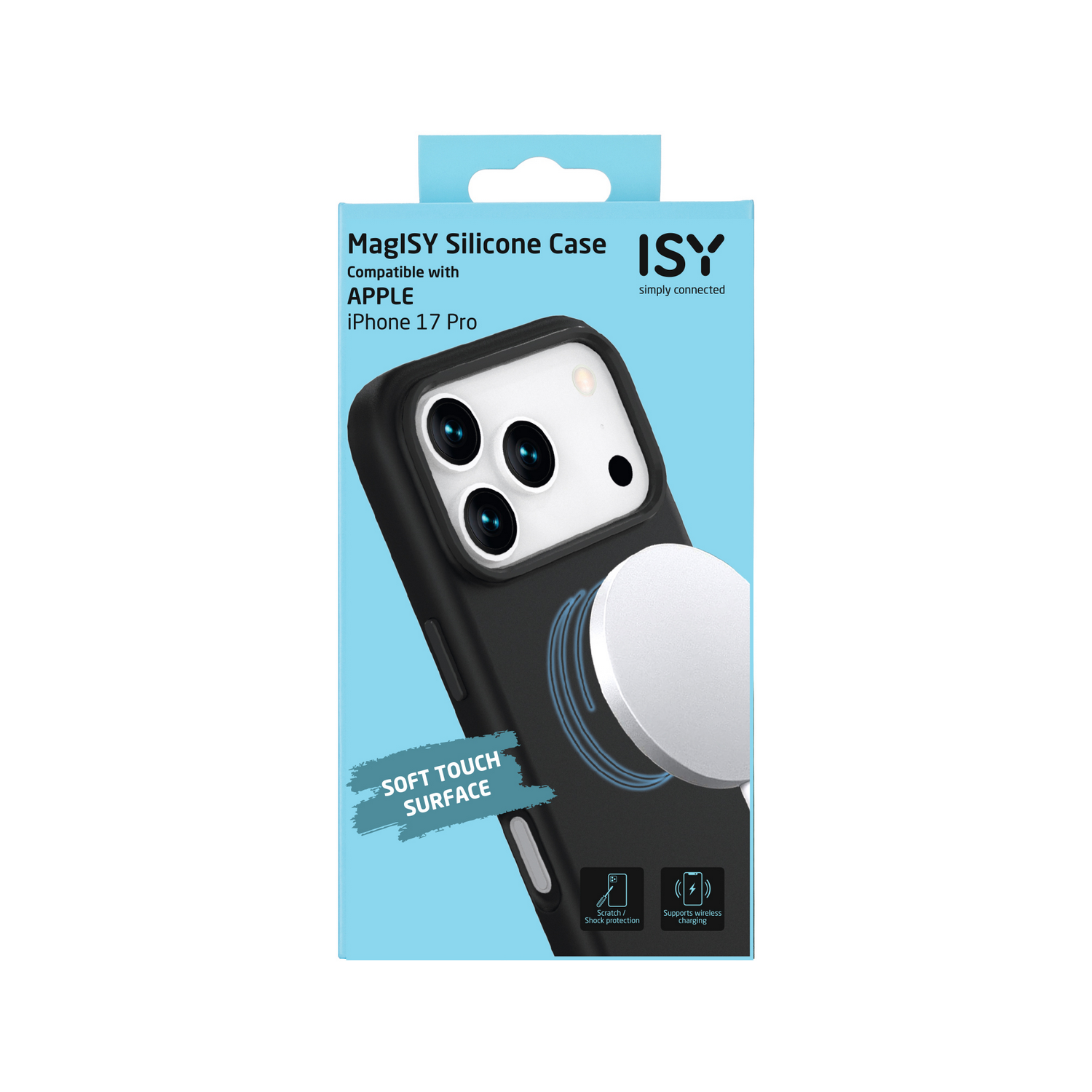 Se muestra una funda negra para teléfono con un cargador MagSafe blanco. El texto dice 'MagISY Silicone Case' e 'iPhone 17 Pro'.
