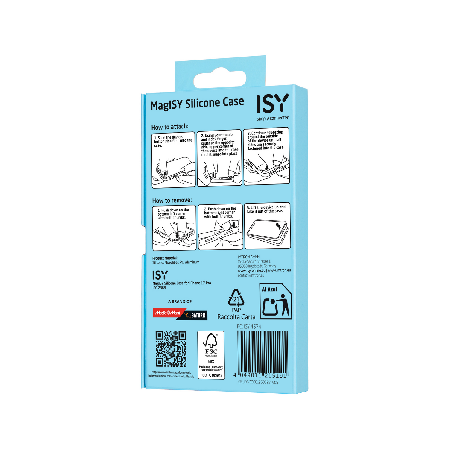 Una caja azul y blanca de la funda ISY para iPhone. Muestra cómo colocar y quitar la funda, con detalles del producto y logotipos.