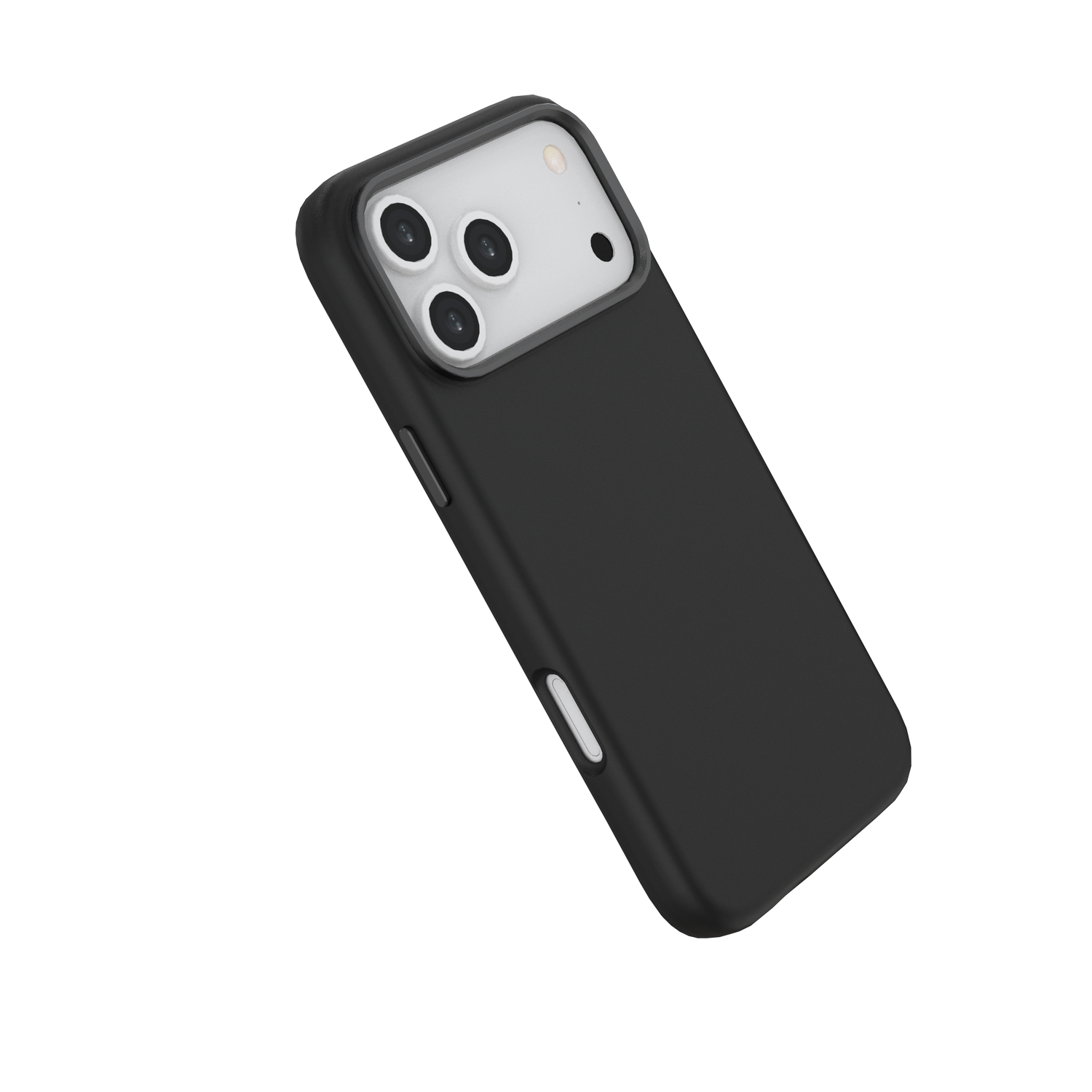 Una funda negra para teléfono con un módulo de cámara blanco. Tiene tres lentes y un flash. El fondo es gris.